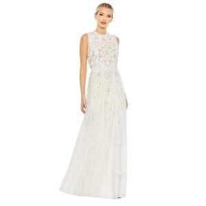 Mac Duggal Size 16 NEW 9137 Ivory Embroidered High Neck Sleeveless Ruffled Gown